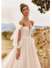 Strapless Lace Tulle Bohemian Wedding Dress With Detachable Sleeves Strapless Lace Tulle Bohemian Wedding Dress With Detachable Sleeves